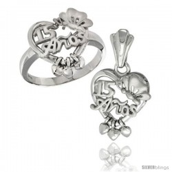 Sterling Silver Quinceanera 15 ANOS w/ Butterfly Triple Hearts Ring & Pendant Set, Rhodium Finished