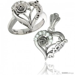 Sterling Silver LOVE Rose Heart Ring & Pendant Set CZ Stones Rhodium Finished