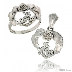 Sterling Silver Quinceanera 15 ANOS Heart Wreath Ring & Pendant Set CZ Stones Rhodium Finished