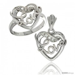 Sterling Silver LOVE Ribbon Ring & Pendant Set CZ Stones Rhodium Finished