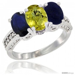 10K White Gold Natural Blue Sapphire, Lemon Quartz & Lapis Ring 3-Stone Oval 7x5 mm Diamond Accent