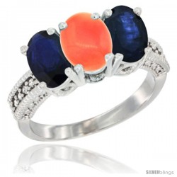 10K White Gold Natural Coral & Blue Sapphire Ring 3-Stone Oval 7x5 mm Diamond Accent