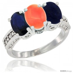 10K White Gold Natural Blue Sapphire, Coral & Lapis Ring 3-Stone Oval 7x5 mm Diamond Accent