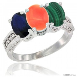 10K White Gold Natural Blue Sapphire, Coral & Malachite Ring 3-Stone Oval 7x5 mm Diamond Accent