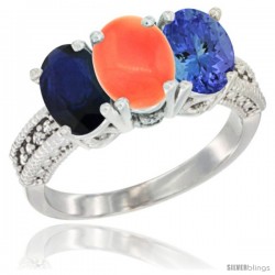 10K White Gold Natural Blue Sapphire, Coral & Tanzanite Ring 3-Stone Oval 7x5 mm Diamond Accent