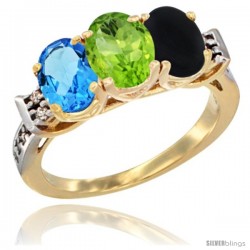 10K Yellow Gold Natural Swiss Blue Topaz, Peridot & Black Onyx Ring 3-Stone Oval 7x5 mm Diamond Accent