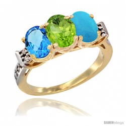 10K Yellow Gold Natural Swiss Blue Topaz, Peridot & Turquoise Ring 3-Stone Oval 7x5 mm Diamond Accent