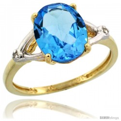 10k Yellow Gold Diamond Swiss Blue Topaz Ring 2.4 ct Oval Stone 10x8 mm, 3/8 in wide