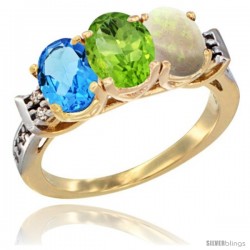 10K Yellow Gold Natural Swiss Blue Topaz, Peridot & Opal Ring 3-Stone Oval 7x5 mm Diamond Accent