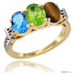 10K Yellow Gold Natural Swiss Blue Topaz, Peridot & Tiger Eye Ring 3-Stone Oval 7x5 mm Diamond Accent