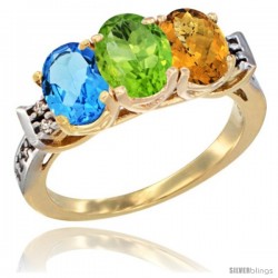 10K Yellow Gold Natural Swiss Blue Topaz, Peridot & Whisky Quartz Ring 3-Stone Oval 7x5 mm Diamond Accent