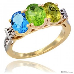 10K Yellow Gold Natural Swiss Blue Topaz, Peridot & Lemon Quartz Ring 3-Stone Oval 7x5 mm Diamond Accent