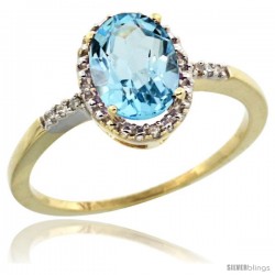 10k Yellow Gold Diamond Swiss Blue Topaz Ring 1.17 ct Oval Stone 8x6 mm, 3/8 in wide