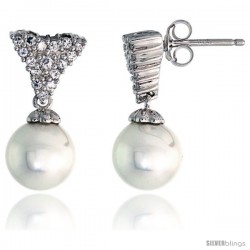 Sterling Silver Dangle Earrings, w/ CZ Stones & 9mm Faux Pearls, 13/16" (20 mm) tall