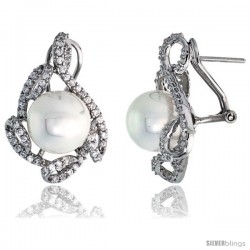 Sterling Silver French Clip Earrings, w/ CZ Stones & 11mm Faux Pearls, 1 1/16" (27 mm) tall