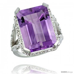 Sterling Silver Diamond Amethyst Ring 14.96 ct Emerald Shape 18x13 Stone 13/16 in wide