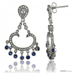 Sterling Silver Arc Dangle Chandelier Earrings w/ Brilliant Cut Clear & Blue Sapphire Color CZ Stones, 1 3/8 in. (34 mm) tall