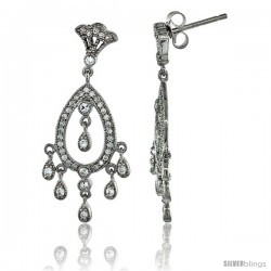 Sterling Silver Teardrop Cut Out Dangle Chandelier Earrings w/ Brilliant Cut CZ Stones, 1 3/8 in. (34 mm) tall