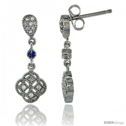 Sterling Silver Clover Flower Dangle Earrings w/ Brilliant Cut Clear & Blue Sapphire Color CZ Stones, 7/8 in. (22 mm) tall