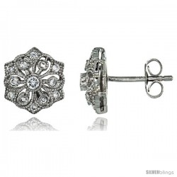 Sterling Silver Flower Stud Earrings w/ Brilliant Cut CZ Stones, 3/8 in. (10 mm)