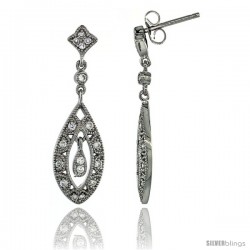 Sterling Silver Teardrop Marquise Cut Out Dangle Earrings w/ Brilliant Cut CZ Stones, 1 5/16 in. (33 mm) tall