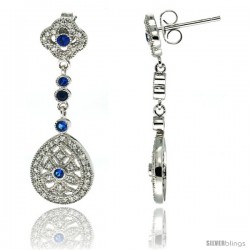 Sterling Silver Clover Flower & Teardrop Dangle Earrings w/ Brilliant Cut Clear & Blue Sapphire Color CZ Stones, 1 3/8 in