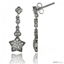 Sterling Silver Star Dangle Earrings w/ Brilliant Cut CZ Stones, 1 in. (26 mm) tall