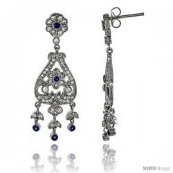 Sterling Silver Floral Dangle Chandelier Earrings w/ Brilliant Cut Clear & Blue Sapphire Color CZ Stones, 1 9/16 in. (40 mm)