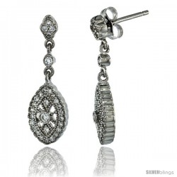 Sterling Silver Marquise Shape Dangle Earrings w/ Brilliant Cut CZ Stones, 1 1/16 in. (26 mm) tall