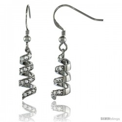 Sterling Silver Spiral Dangle Earrings w/ Brilliant Cut CZ Stones, 1 5/16 in. (33 mm) tall