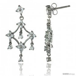 Sterling Silver Floral Dangle Chandelier Earrings w/ Brilliant Cut CZ Stones, 1 1/4 in. (31 mm) tall