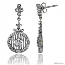 Sterling Silver Floral Dangle Earrings w/ Brilliant Cut CZ Stones, 1 3/16 in. (30 mm) tall