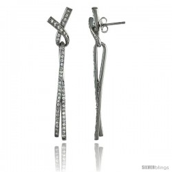 Sterling Silver Ribbon Knot Lace Dangle Earrings w/ Brilliant Cut CZ Stones, 2 3/16 in. (56 mm) tall