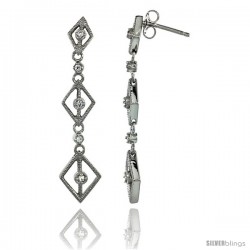 Sterling Silver Diamond Shape Cut Outs Journey Dangle Earrings w/ Brilliant Cut CZ Stones, 1 11/16 in. (43 mm) tall