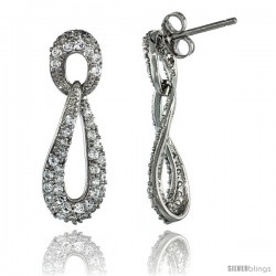 Sterling Silver Oval Drop Cut Out Dangle Earrings w/ Brilliant Cut CZ Stones, 1 1/8 in. (28 mm) tall