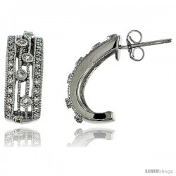 Sterling Silver Half-Hoop Earrings w/ Brilliant Cut CZ Stones, 3/4 in. (19 mm) tall