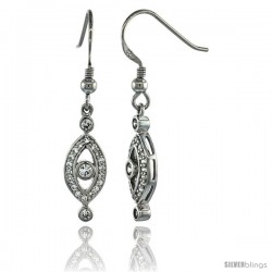 Sterling Silver Marquise Shape Cut Out Dangle Earrings w/ Brilliant Cut CZ Stones, 1 1/2 in. (38 mm) tall