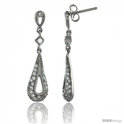 Sterling Silver Teardrop Cut Out Dangle Earrings w/ Brilliant Cut CZ Stones, 1 7/16 in. (37 mm) tall