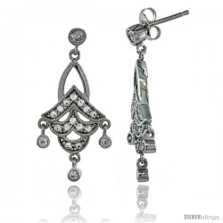 Sterling Silver Dangle Chandelier Earrings w/ Brilliant Cut CZ Stones, 1 3/16 in. (31 mm) tall