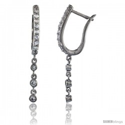 Sterling Silver U-shaped Dangle Earrings w/ Brilliant Cut CZ Stones, 1 3/8 in. (35 mm) tall