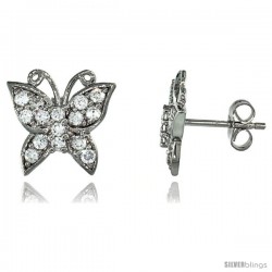 Sterling Silver Butterfly Post Earrings w/ Brilliant Cut CZ Stones, 1/2 in. (12 mm) tall