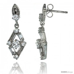 Sterling Silver Diamond Cut Out Dangle Earrings w/ Baguette & Brilliant Cut CZ Stones, 1 1/16 in. (27 mm) tall