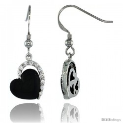 Sterling Silver Black Enameled Heart Dangle Earrings w/ Brilliant Cut CZ Stones, 1 1/4 in. (32 mm) tall