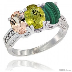 10K White Gold Natural Morganite, Lemon Quartz & Malachite Ring 3-Stone Oval 7x5 mm Diamond Accent