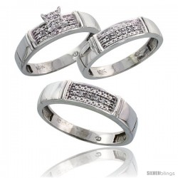 10k White Gold Diamond Trio Engagement Wedding Ring 3-piece Set for Him & Her 5 mm & 4.5 mm, 0.13 cttw Brilliant Cut