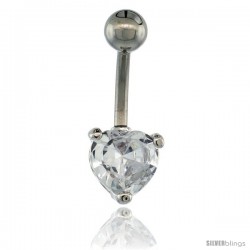 Surgical Steel Belly Button Ring w/ 8mm Clear Heart-shaped CZ Stone (Navel Piercing Body Jewelry)