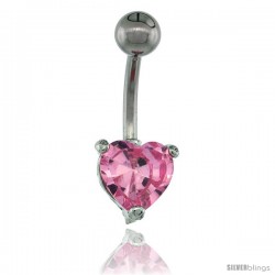 Surgical Steel Belly Button Ring w/ 8mm Pink Heart-shaped CZ Stone (Navel Piercing Body Jewelry)