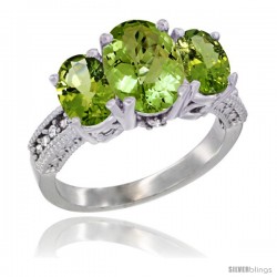 14K White Gold Ladies 3-Stone Oval Natural Peridot Ring Diamond Accent