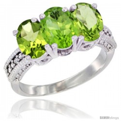 14K White Gold Natural Peridot Ring 3-Stone 7x5 mm Oval Diamond Accent
