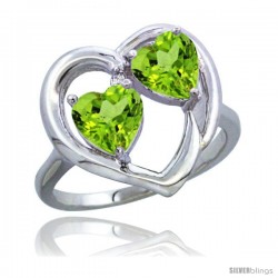 14k White Gold 2-Stone Heart Ring 6mm Natural Peridot stones Diamond Accent